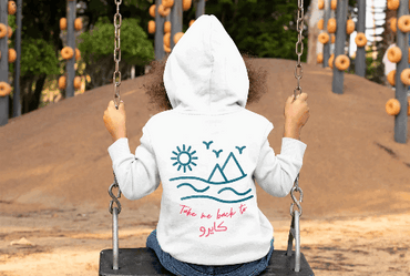 Warm Fleece Sweatshirt for kids with sketch of pyramids, sun and birds and the words take me back to cairo (cairo being in Arabic)