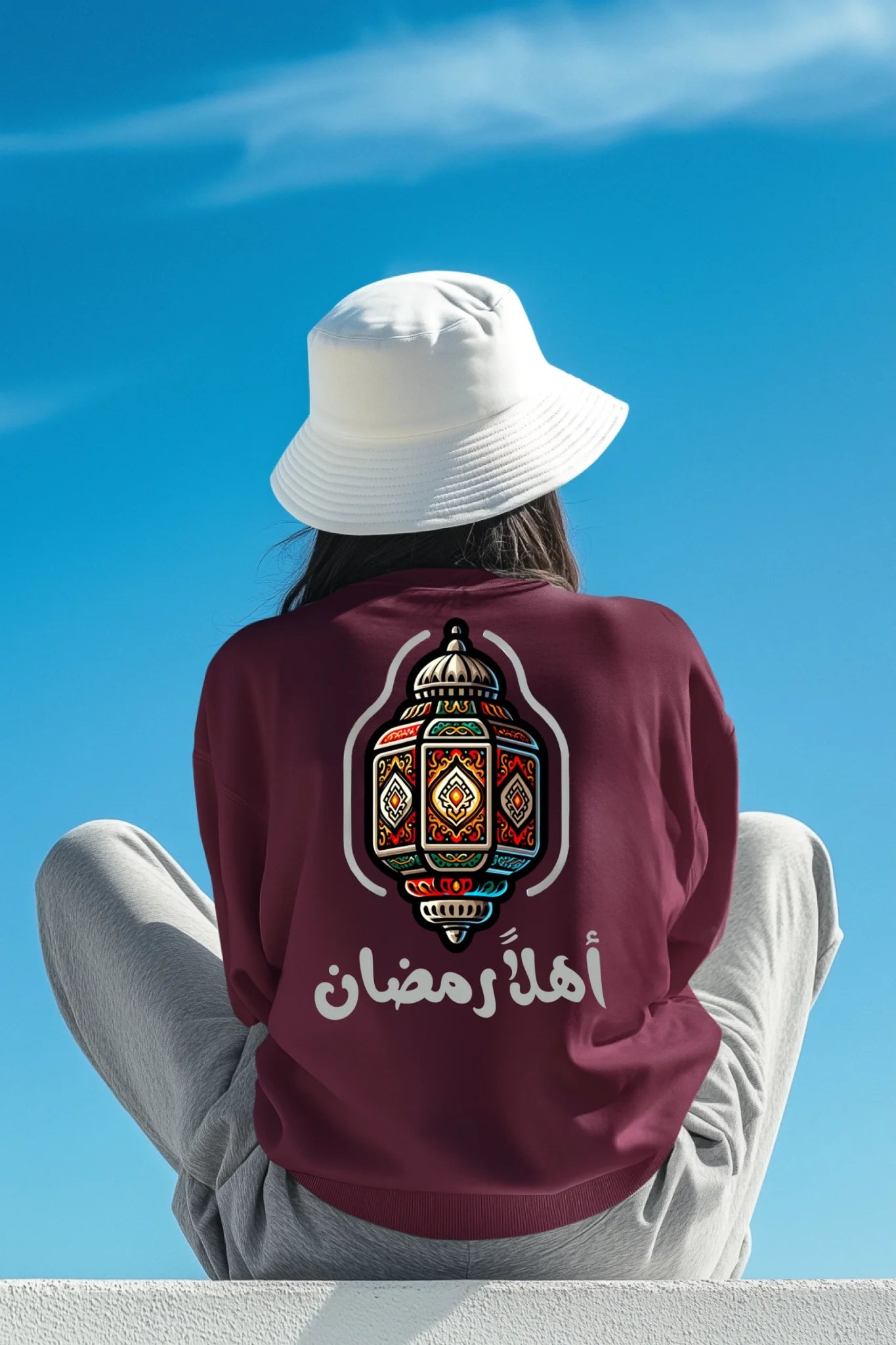 back-view-mockup-of-an-ai-generated-woman-in-a-sweatshirt-and-a-bucket-hat-looking-at-the-sky-m52319