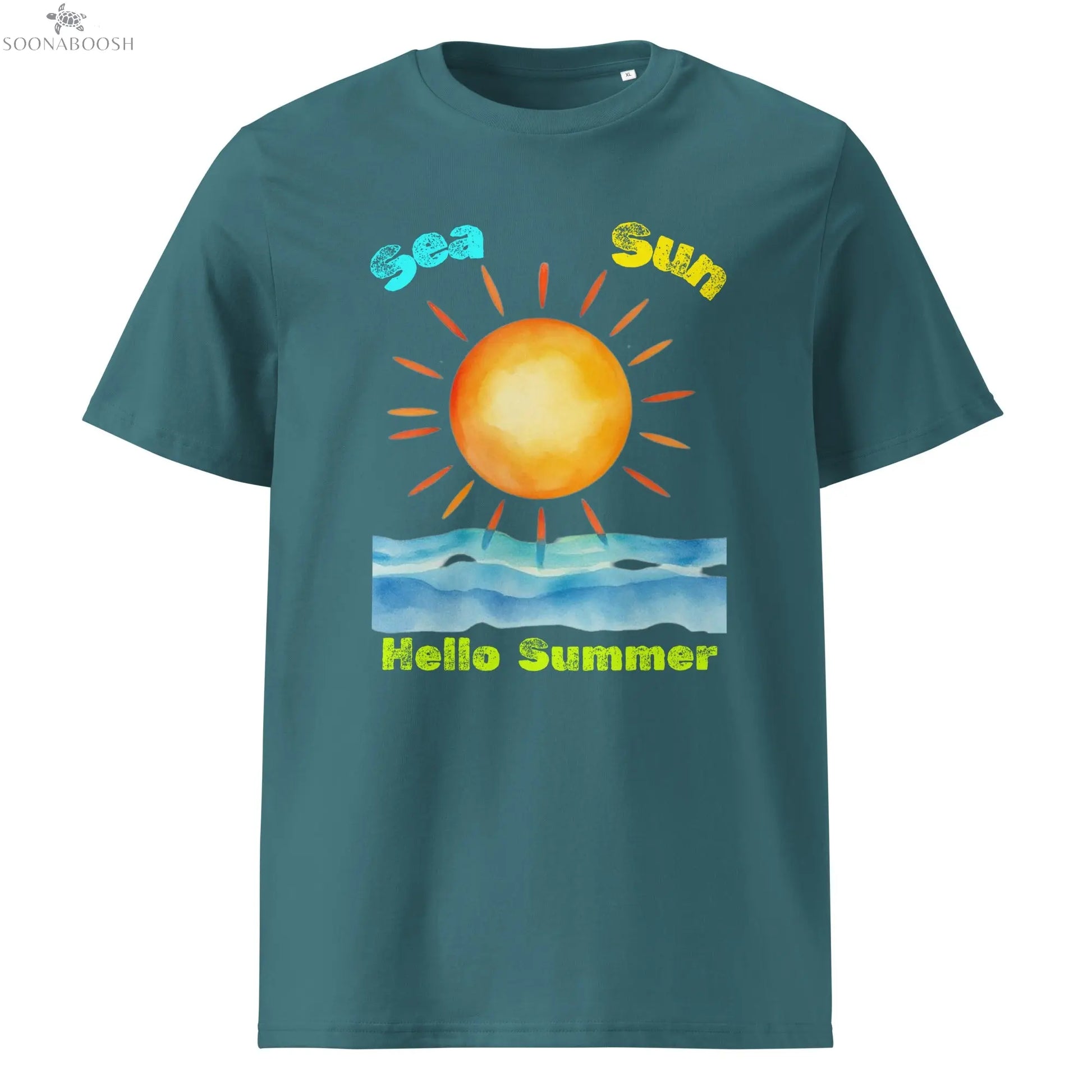 Sun Sand Hello Summer T-shirt made with organic cotton – Egyptian inspired design by Soonaboosh