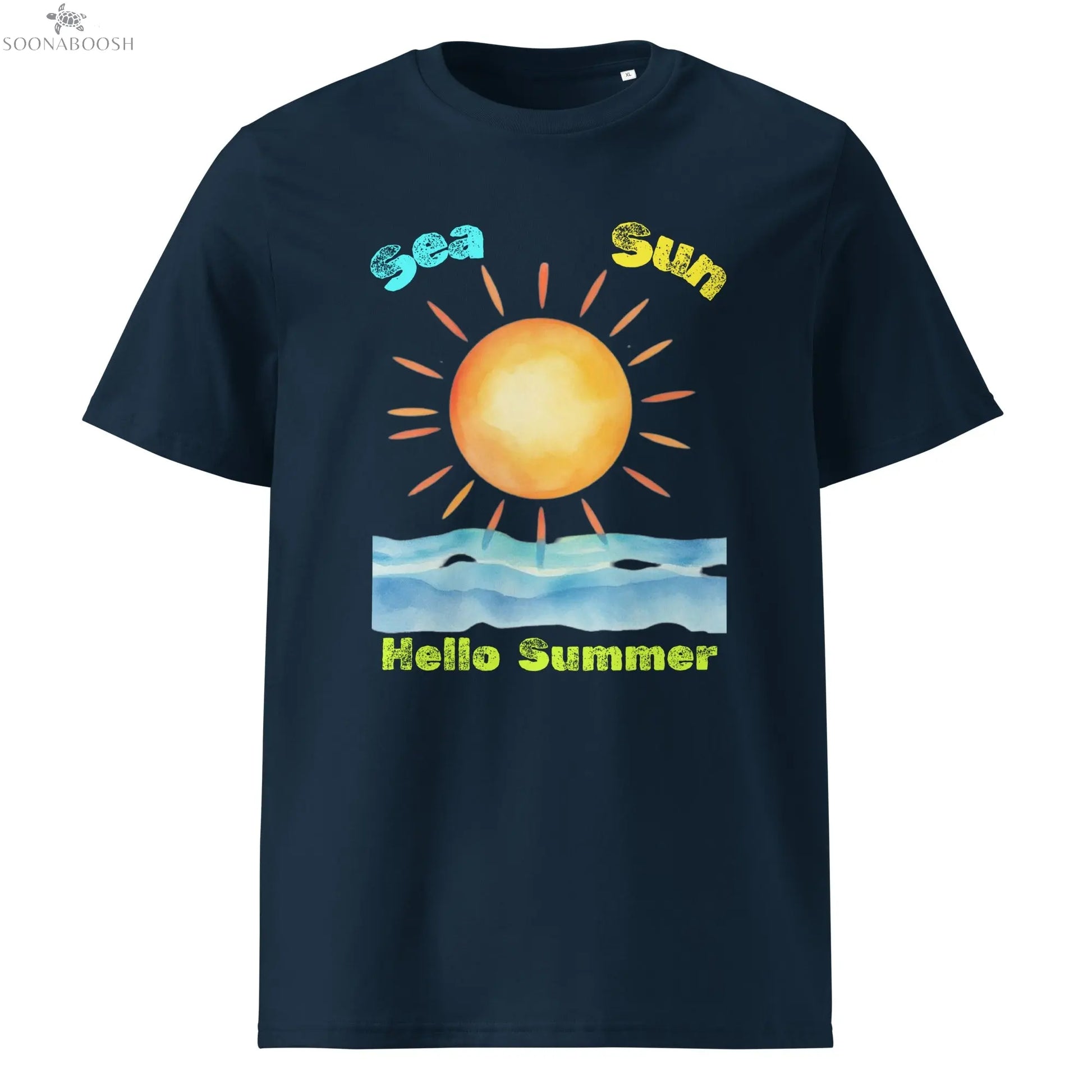 Sun Sand Hello Summer T-shirt made with organic cotton – Egyptian inspired design by Soonaboosh