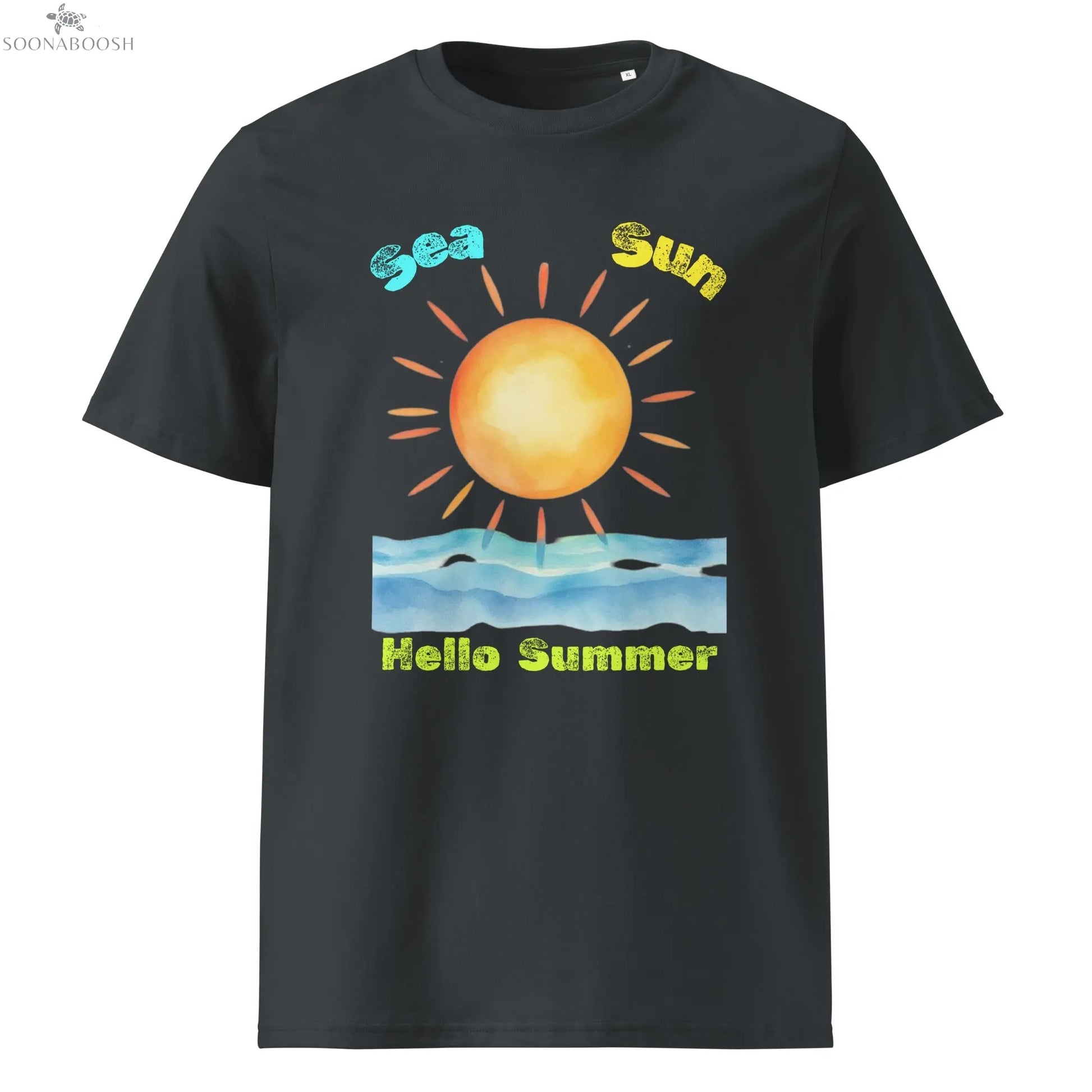 Sun Sand Hello Summer T-shirt made with organic cotton – Egyptian inspired design by Soonaboosh