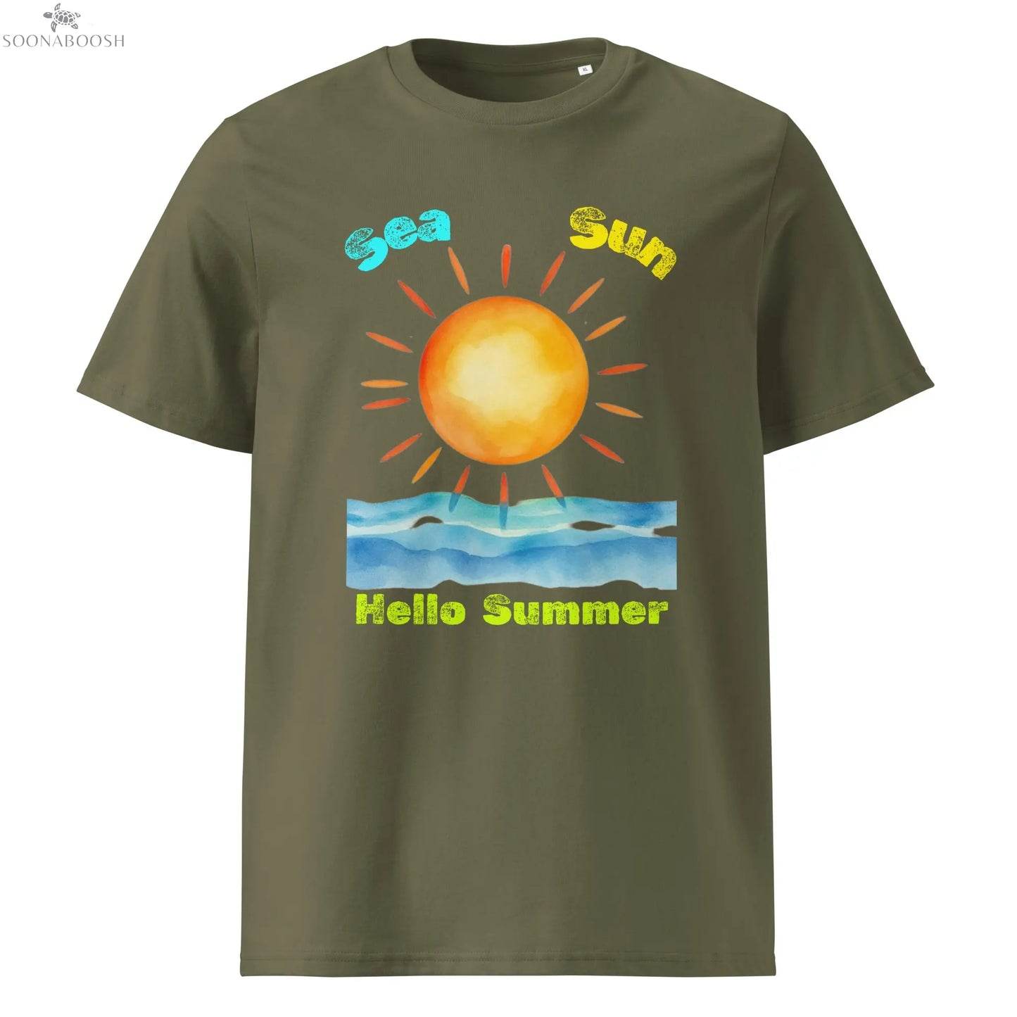 Sun Sand Hello Summer T-shirt made with organic cotton – Egyptian inspired design by Soonaboosh