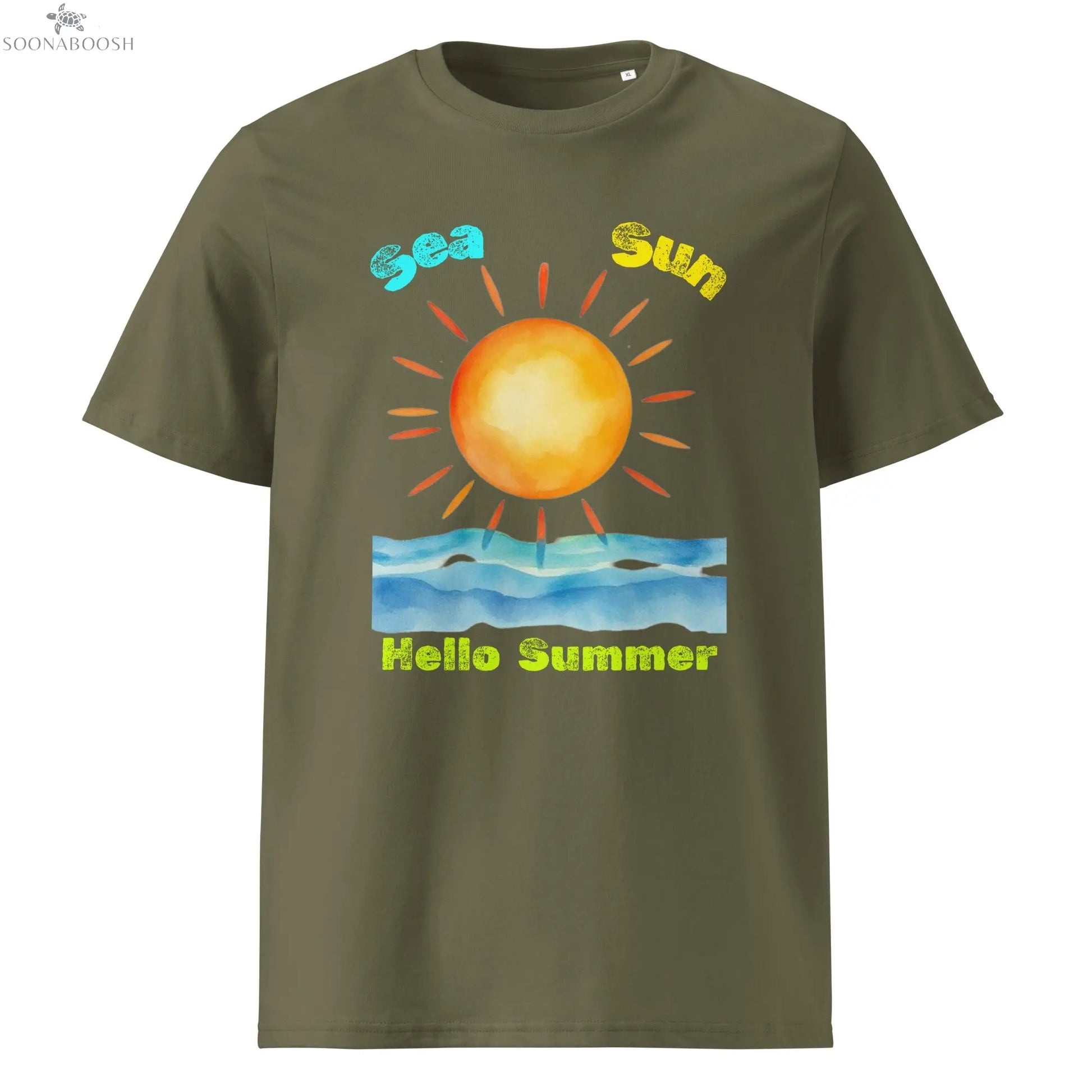 Sun Sand Hello Summer T-shirt made with organic cotton – Egyptian inspired design by Soonaboosh